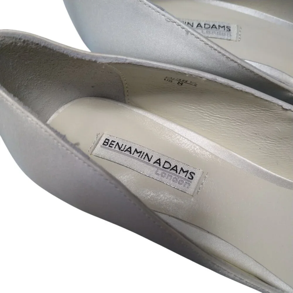 Benjamin Adams Helen Ivory Silk Satin Wedge Open Toe Swarovski Crystal Size 8